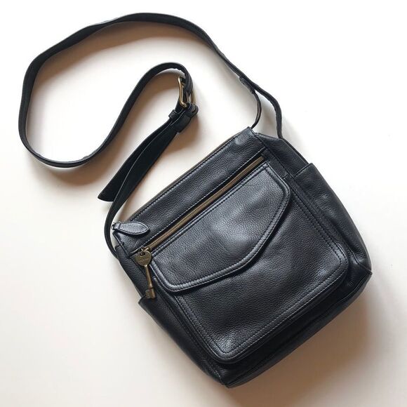 Vintage Fossil 1954 Black Leather Crossbody Organizer Bag 75082 Moto Biker Style - Picture 2 of 15